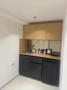 a kitchen with wooden cabinets and a counter top at Palmera City apartment in Novi Sad