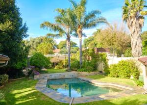 a swimming pool in a yard with palm trees at Hidden retreat in Kensington in Johannesburg