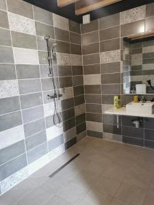 uma casa de banho com um chuveiro e um lavatório. em Les gîtes de L'hermine em Plouigneau