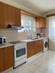 a kitchen with wooden cabinets and a white stove top oven at SISSOU VILLAGe PLACe in Kalamata