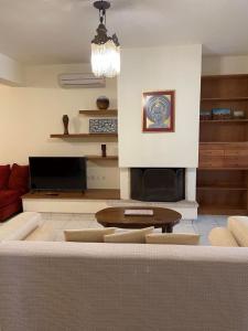 a living room with a couch and a fire place at SISSOU VILLAGe PLACe in Kalamata