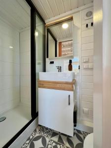 a bathroom with a sink and a shower at Tiny House Gänseblümchen in Kirchanschöring