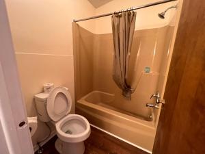 een kleine badkamer met een toilet en een douche bij Countryside Inn Lake George in Lake George
