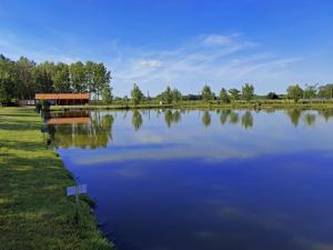 a large lake with a barn in the background at Németh Vendégház -Torkos Fogadó in Ibrány
