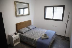 a small bedroom with a bed and a mirror at חופשה בטבריה בבית ענק ל 8 אנשים גדול וחדש in Tiberias +12 photos