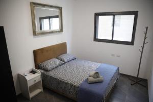 a small bedroom with a bed and a mirror at חופשה בטבריה בבית ענק ל 8 אנשים גדול וחדש in Tiberias
