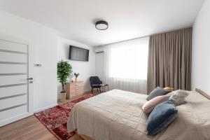 - une chambre avec un lit doté d'oreillers et d'une fenêtre dans l'établissement Luxury Apartment Slava Ukraini, à Ivano-Frankivsk