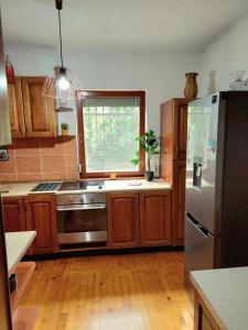 a kitchen with wooden cabinets and a stainless steel refrigerator at Holiday Home Mirza in Sarajevo