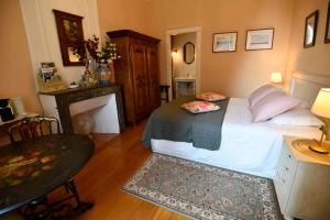 a bedroom with a large bed and a fireplace at Domaine de Plisseau in Le Rigalet