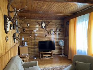 a living room with a tv and some antlers on the wall at AGA in Augustów