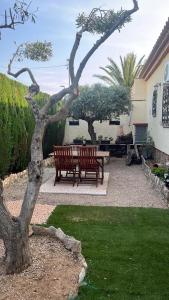 un banco de madera en un patio con un árbol en Casa Manuela, en Miami Platja