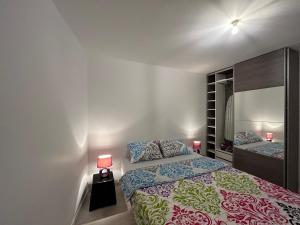 Schlafzimmer mit einem Bett und einem Spiegel in der Unterkunft Gite Paon in Kintzheim