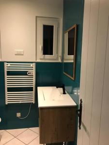 a bathroom with a sink and a mirror at Chalet Charmant rénové au bord du Lac St Point in Montperreux +109 photos