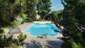 a swimming pool with a chair in a yard at La Tour Bleue in Chânes