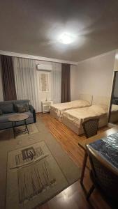 a hotel room with a bed and a couch at Tamara`s Apartament in Avlabari in Tbilisi City