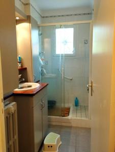 uma casa de banho com um chuveiro, um lavatório e um WC. em Maison avec jardin au calme em Nantes