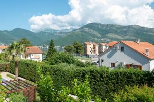 Blick auf eine Stadt mit Bergen im Hintergrund in der Unterkunft Sea star Apartment in Tivat