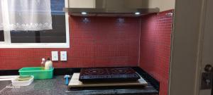 a kitchen with a stove in a red tiled wall at Tauranga Bungalow in Tauranga