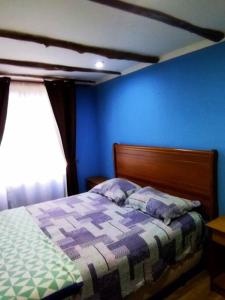 a bedroom with a bed with a blue wall at Cabaña en Recinto con piscina y tinaja in Chillán