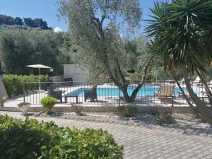 a pool with a fence and a palm tree at Agriturismo Valle Dei Gelsi in Peschici