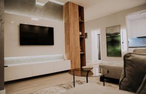 a living room with a couch and a tv on a wall at Apartman Pelagić in Brčko