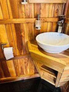 uma casa de banho com um lavatório e uma parede de madeira em Tamarindo Pura Selva Eco Tree House em Guatemala