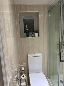 a bathroom with a toilet and a glass shower at Studio flat Gants Hill with Free Parking in Redbridge