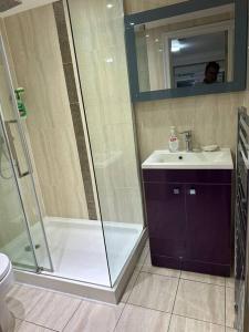 a bathroom with a shower and a sink at Studio flat Gants Hill with Free Parking in Redbridge