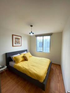 1 dormitorio con 1 cama con sábanas amarillas y ventana en Departamento en Centro Ciudad de México Alameda Reforma en Ciudad de México