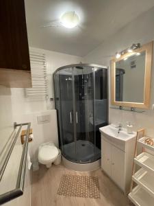 uma casa de banho com um chuveiro, um WC e um lavatório. em Kasprusie 10 by Homeprime em Zakopane