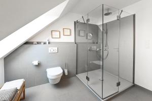 a bathroom with a toilet and a glass shower at Bi de Bark in Fehmarn