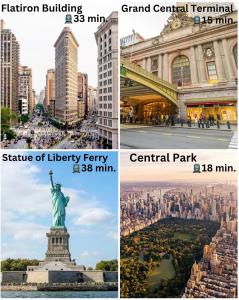 three different views of the statue of liberty and central park at 1BR Apt in Sunnyside 15 min to Manhattan in Woodside