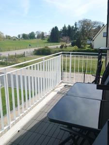 a deck with a ping pong table and a fence at Kleenes Haffhus in Ueckermünde