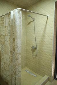 a shower with a glass door in a bathroom at hOlarooms N1 in Sachure