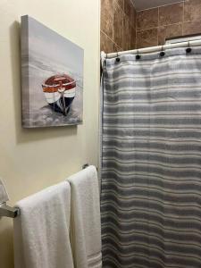 baño con cortina de ducha y una pintura de un barco en Casa Maria 2BR Apt with terrace, en Levittown