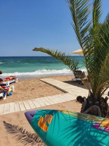 a surfboard sitting on the beach next to a palm tree at Sunway - Pool & Spa Beach Resort in Mamaia Sat/Năvodari +55 photos
