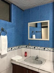 Baño azul con lavabo y espejo en Comfort City Apartment 2 bedroom 2 bathroom, en Baños