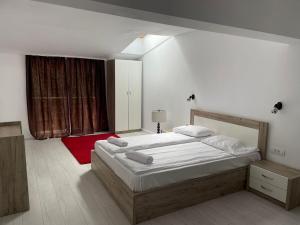 a bedroom with a bed and a large window at Vila Vanesa in Arieşeni