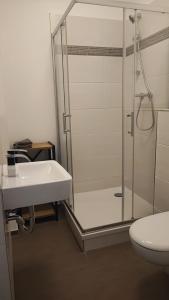 een badkamer met een douche, een wastafel en een toilet bij Pension HoPeLa in Gotha