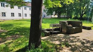 a table and a grill next to a tree at Pension HoPeLa in Gotha