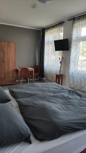 1 dormitorio con 1 cama grande y 1 mesa en Pension HoPeLa, en Gotha