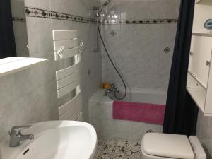 a bathroom with a sink and a shower and a toilet at Maison de Louna in Noailles