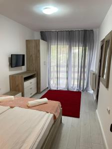 a bedroom with two beds and a large window at Vila Vanesa in Arieşeni