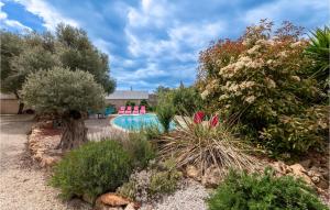 バラリュック・レ・バンにあるBeautiful Home In Balaruc-les-bains With Wifiの植物と木々が植わる庭園内のスイミングプール