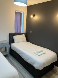布里斯托的住宿－Exclusive!! Newly Refurbished Speedwell Apartment near Bristol City Centre, Easton, Speedwell, sleeps up to 3 guests，一间卧室设有两张床和窗户。