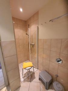 La salle de bains est pourvue d'une douche, d'une chaise et d'un tabouret. dans l'établissement Nah am Strand in Bensersiel, Wooge 45, à Esens
