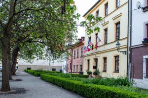 ulica przed budynkiem o dwóch flagach w obiekcie Pension City w Pilznie