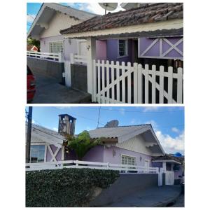 zwei Bilder von einem rosa Haus mit einem weißen Zaun in der Unterkunft Descanso Vista Alegre in Campos do Jordão + 14 Fotos