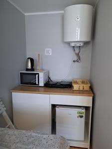 a microwave sitting on top of a counter next to a kitchen at Wypoczynek Mazurska Górka domki 2 osobowe in Stare Juchy