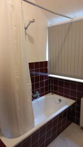 a bathroom with a bath tub with a shower curtain at Double Room with a Kitchen and a Shared Bathroom in Bremen